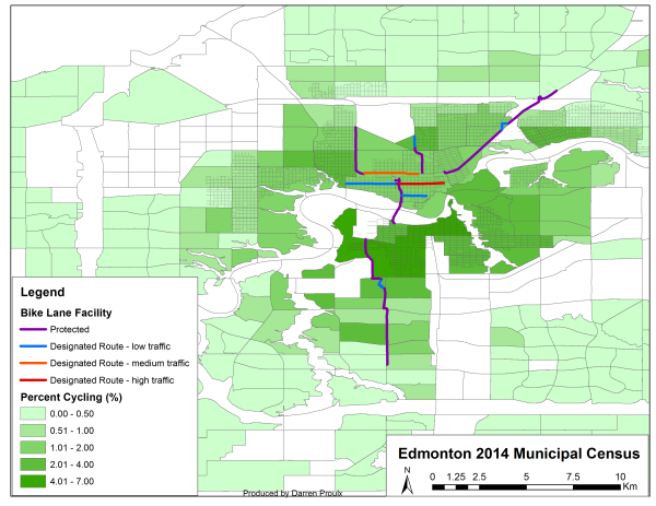 Edmonton 2014 Municipal Census Cycling to Work Rates with Street Grid